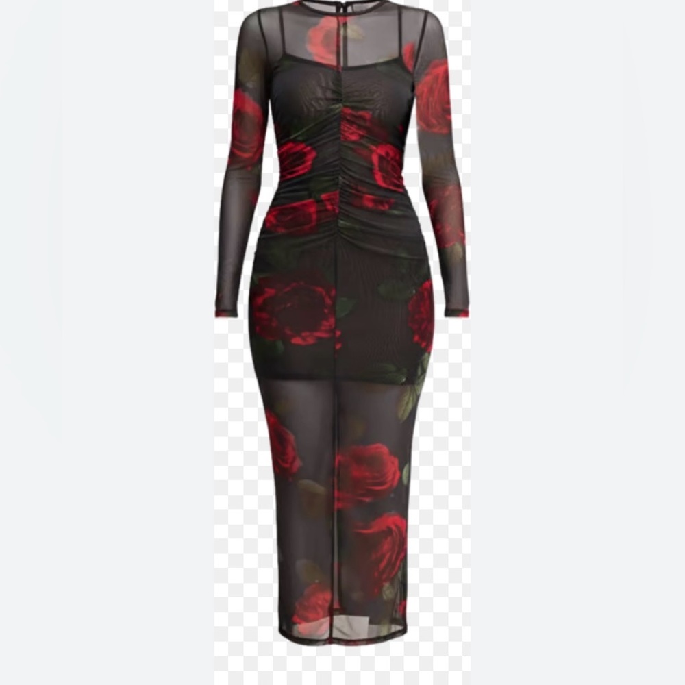 Good American Women's Mesh Ruched Long Sleeve Maxi Dress